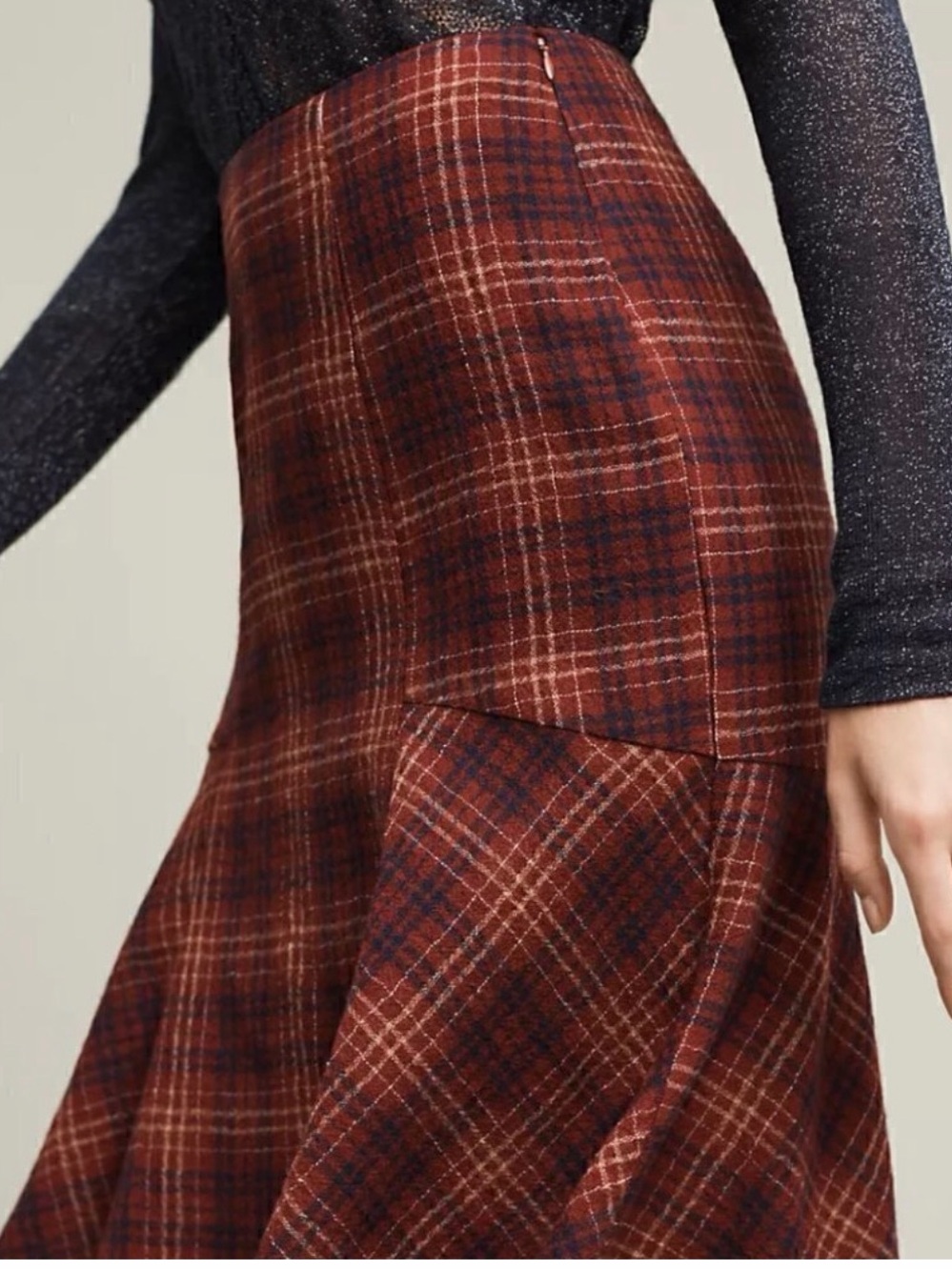 Maeve by Anthropologie Red Plaid Flared Midi Skirt wool, rayon blend sizes 8 - Picture 2 of 13
